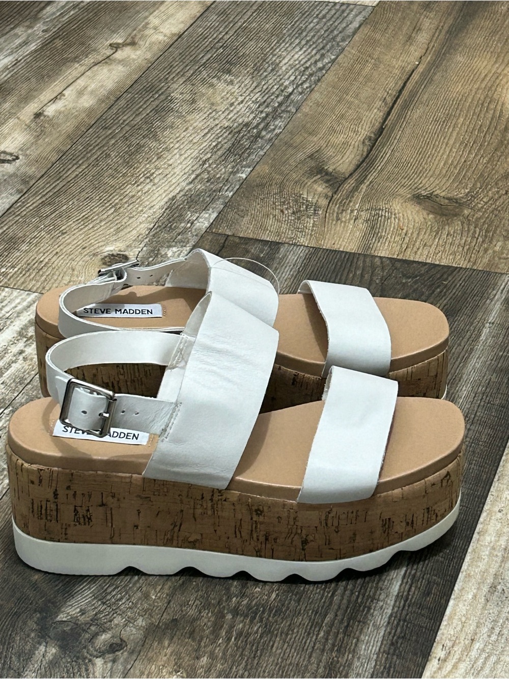 Steve Madden White Cork-Platform Strap Sandals Size 7.5
